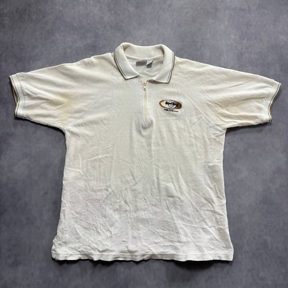 Hard Rock Cafe Polo‎ Mens XL Cream Fair Vintage 90s Waffle Knit Quarter Zip Phil